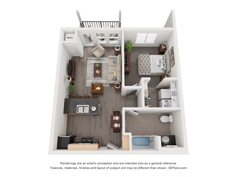 Floor plan for 1 bed, 1 bath, 629 sqft
